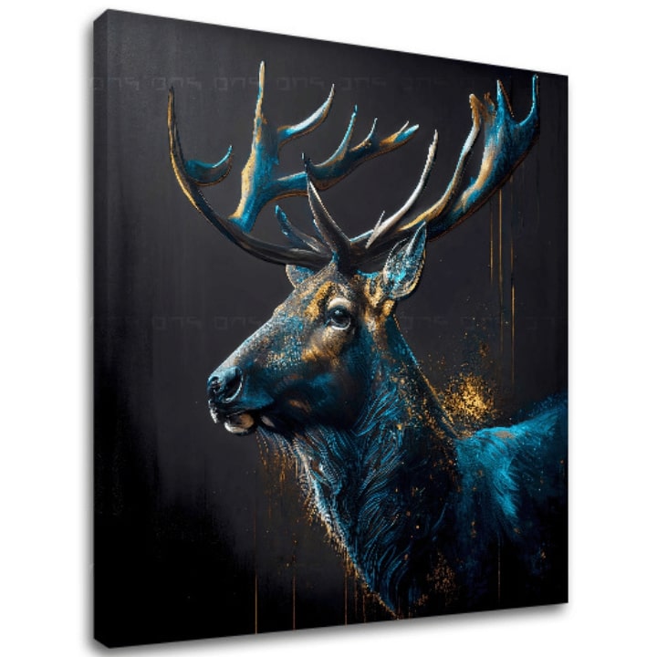 Art deko slika na platnu s motivom PREMIUM ART - Peaceful Forest Guardian, jelen u plavo-zlatnih nijansama, veličanstvena atmosfera, pogodan za radne sobe – glavna