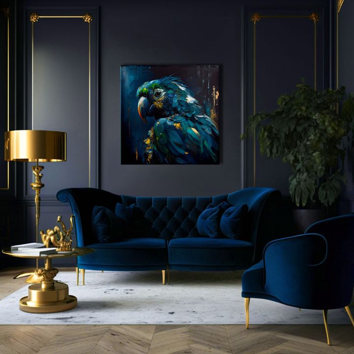 Pop art slika na platnu s motivom PREMIUM ART - Rainbow Feathers in Flight, ptica u plavo-zelenih nijansama, dramatična atmosfera, pogodan za radne sobe – proizvod, pogled 3