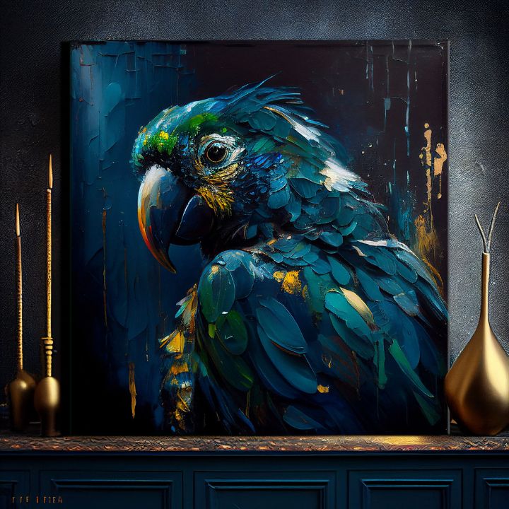 Pop art slika na platnu s motivom PREMIUM ART - Rainbow Feathers in Flight, ptica u plavo-zelenih nijansama, dramatična atmosfera, pogodan za radne sobe – proizvod