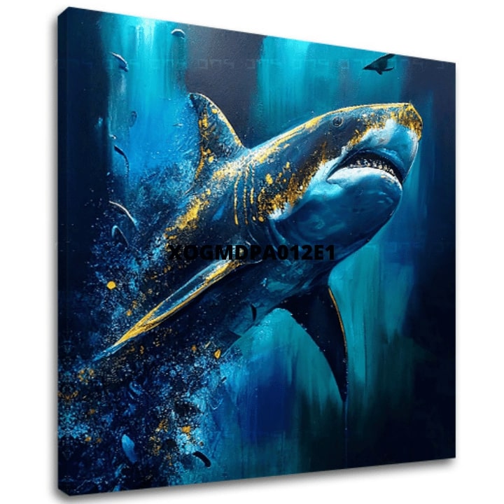 U boho stilu slika na platnu s motivom PREMIUM ART - Shark Force in Dark Water, okean, more i plaža u plavo-zlatnih nijansama, veličanstvena atmosfera – glavna
