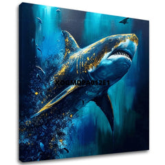 U boho stilu slika na platnu s motivom PREMIUM ART - Shark Force in Dark Water, okean, more i plaža u plavo-zlatnih nijansama, veličanstvena atmosfera – glavna