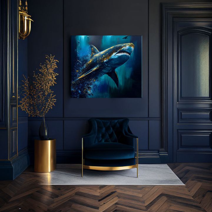 U boho stilu slika na platnu s motivom PREMIUM ART - Shark Force in Dark Water, okean, more i plaža u plavo-zlatnih nijansama, veličanstvena atmosfera – proizvod, pogled 3