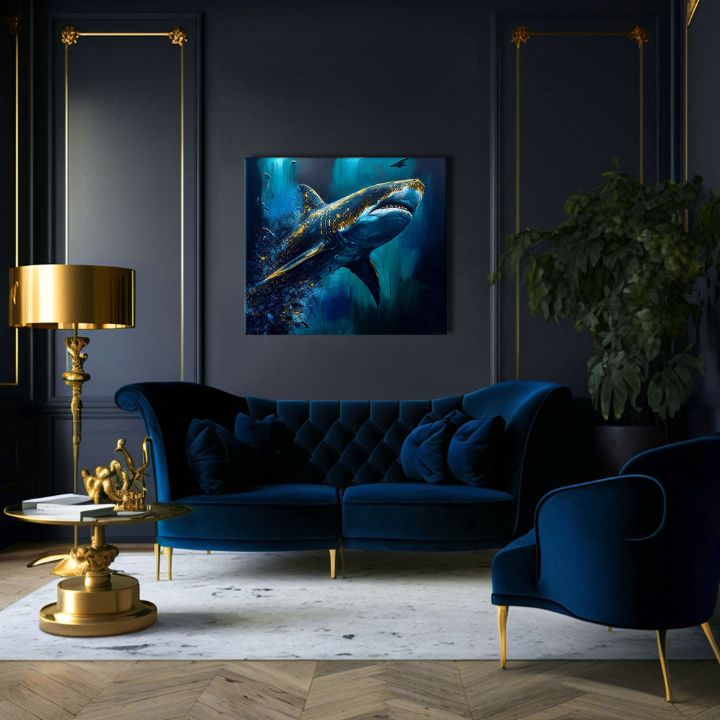 U boho stilu slika na platnu s motivom PREMIUM ART - Shark Force in Dark Water, okean, more i plaža u plavo-zlatnih nijansama, veličanstvena atmosfera – proizvod, pogled 2