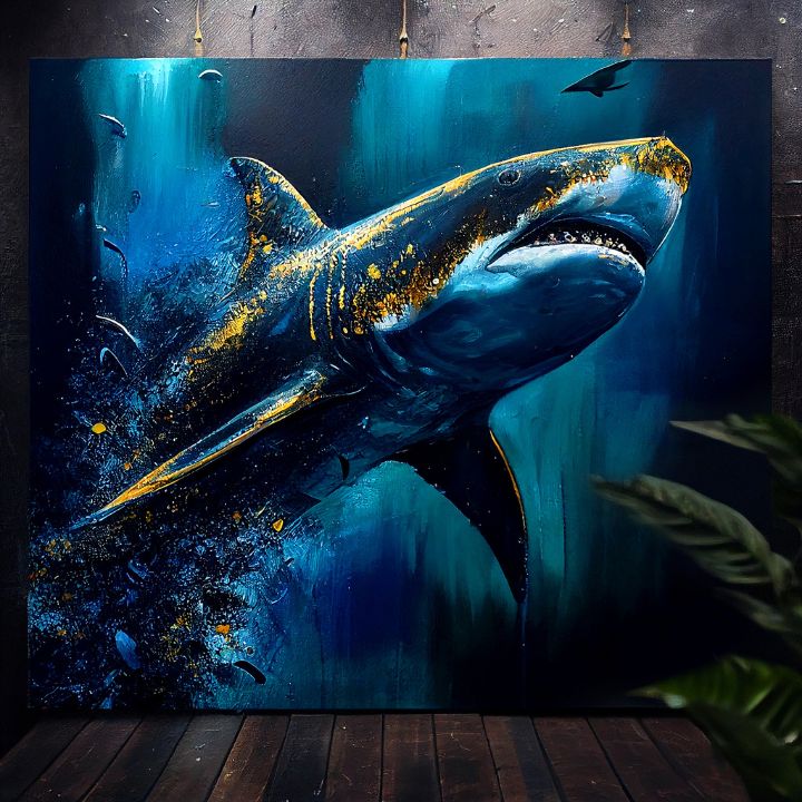 U boho stilu slika na platnu s motivom PREMIUM ART - Shark Force in Dark Water, okean, more i plaža u plavo-zlatnih nijansama, veličanstvena atmosfera – proizvod