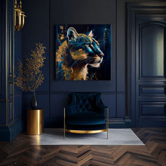 Art deko slika na platnu s motivom PREMIUM ART - Silent Puma's Gaze, pejzaž, priroda u plavo-zlatnih nijansama, veličanstvena atmosfera, pogodan za radne sobe – proizvod