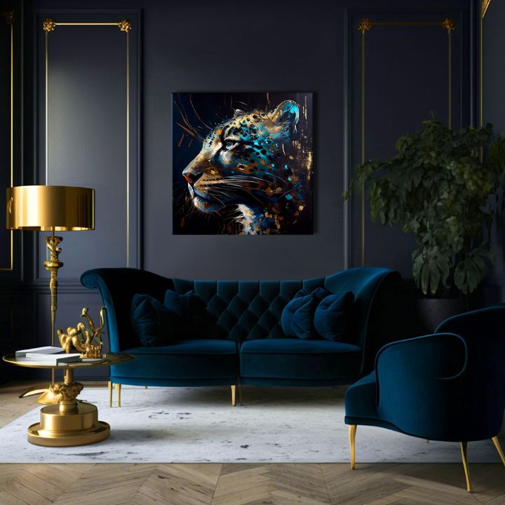 Pop art slika na platnu s motivom PREMIUM ART - Spotted Hunter's Elegance u plavo-zlatnih nijansama, veličanstvena atmosfera, luksuzan utisak i snaga – proizvod, pogled 3