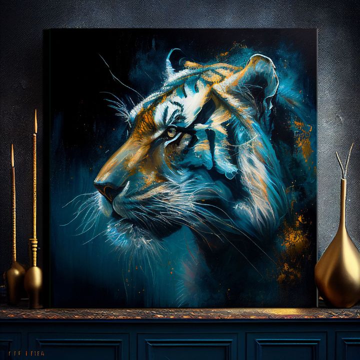 Art deko slika na platnu s motivom PREMIUM ART - Tiger's Mighty Spirit, tigar u plavo-narandžastih nijansama, intenzivna atmosfera, pogodan za kancelarije – proizvod