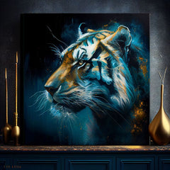 Art deko slika na platnu s motivom PREMIUM ART - Tiger's Mighty Spirit, tigar u plavo-narandžastih nijansama, intenzivna atmosfera, pogodan za kancelarije – proizvod