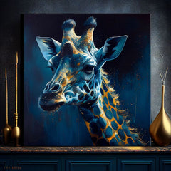 Pop art slika na platnu s motivom PREMIUM ART - Towering Majesty of Giraffe, pejzaž, priroda u plavo-zlatnih nijansama, priroda, pogodan za radne sobe – proizvod
