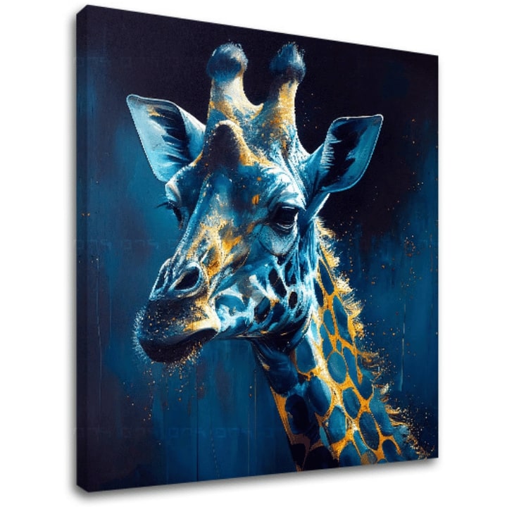 Pop art slika na platnu s motivom PREMIUM ART - Towering Majesty of Giraffe, pejzaž, priroda u plavo-zlatnih nijansama, priroda, pogodan za radne sobe – glavna