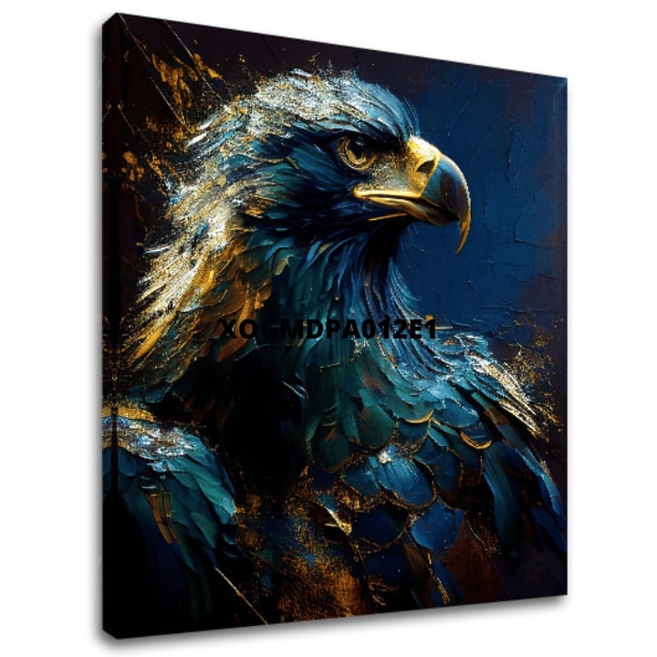 Art deko slika na platnu s motivom PREMIUM ART - Wilderness's Fearless Hunter, orol u plavo-zlatnih nijansama, veličanstvena atmosfera, pogodan za kancelarije – glavna