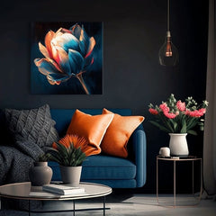 U boho stilu slika na platnu s motivom Prebudenie krásy, tulipan, cvet, cveće, priroda u plavo-narandžastih nijansama, elegantna atmosfera, pogodan za hodnika – proizvod, pogled 2