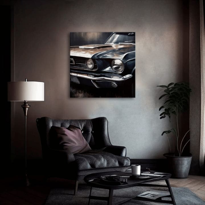 Vintage slika na platnu s motivom Cválajúci americký sen, automobil, mapa u plavih nijansama, pogodan za kancelarije | Dizajnová dekoracija na platnu Cválajúci americký sen – proizvod, pogled 2