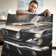 Vintage slika na platnu s motivom Cválajúci americký sen, automobil, mapa u plavih nijansama, pogodan za kancelarije | Dizajnová dekoracija na platnu Cválajúci americký sen – proizvod