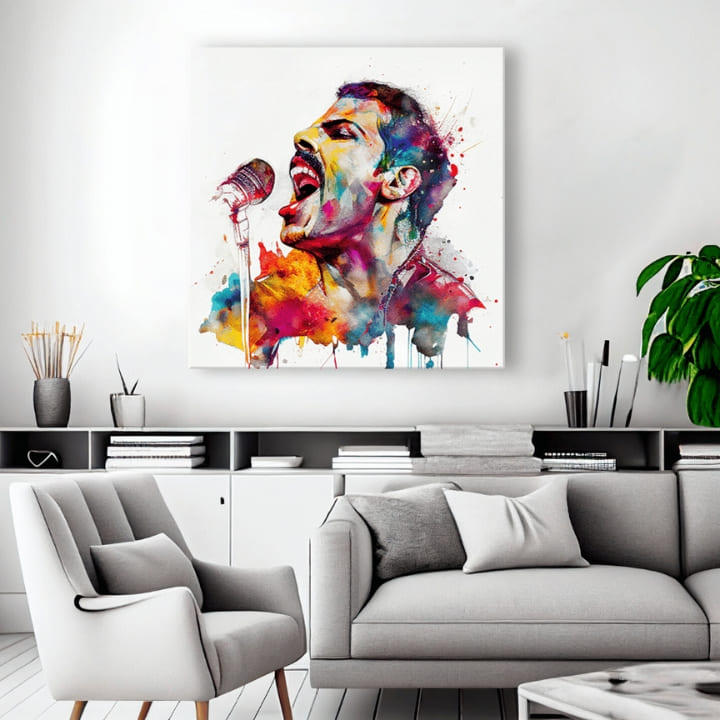 Pop art slika na platnu s motivom Ikonický rebel Freddie Mercury, mikrofon u ljubičasto-plavih nijansama, energična atmosfera, rock and roll, pogodan za radne sobe – proizvod