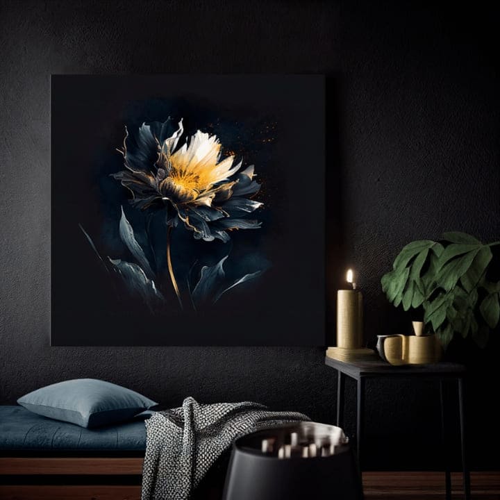 Art deko slika na platnu s motivom Temné pokušenie, cvet, lišće, cveće, priroda u belo-žutih nijansama, atmosferična atmosfera, priroda i samoća – proizvod