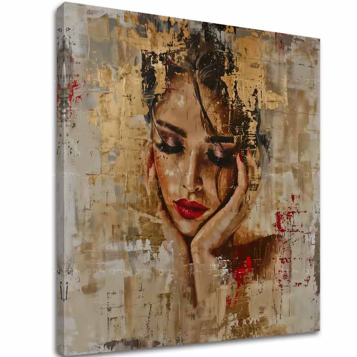 Art deko slika na platnu s motivom žena, lice, religiozni motiv, ljudi u bež-zlatnih nijansama, lepota, pogodan za dnevnog boravka | Elegantan slika žene Šarmantna múza – glavna