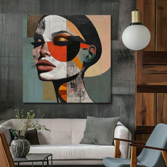 Pop art slika na platnu s motivom žena, lice, ljudi u bež-plavih nijansama, stilska atmosfera, lepota, pogodan za kancelarije | Elegantan slika žene Harmonija tvarov – proizvod, pogled 2