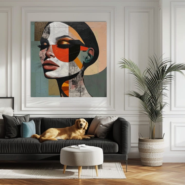 Pop art slika na platnu s motivom žena, lice, ljudi u bež-plavih nijansama, stilska atmosfera, lepota, pogodan za kancelarije | Elegantan slika žene Harmonija tvarov – proizvod