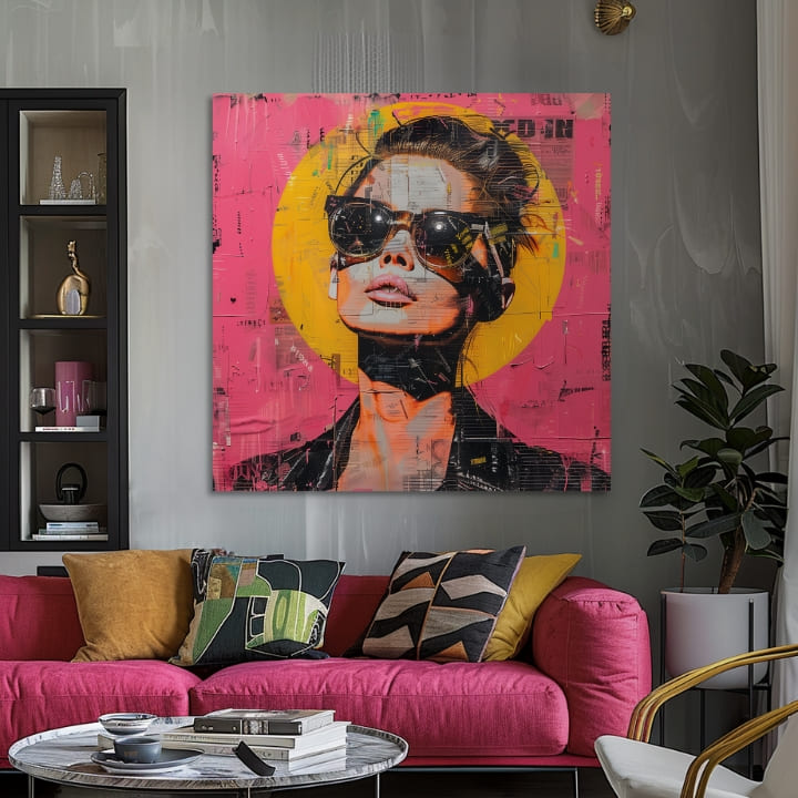 Pop art slika na platnu s motivom žena, portret, ljudi u narandžasto-ružičastih nijansama, drska atmosfera, gradski život i pop kultura, pogodan za kancelarije – proizvod