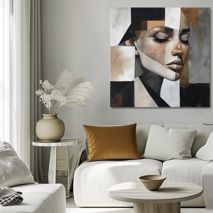 Art deko slika na platnu s motivom žena, lice, portret, ljudi u belo-bežih nijansama, mirna atmosfera, pogodan za dnevnog boravka | Elegantan slika žene Magická dokonalosť – proizvod, pogled 2