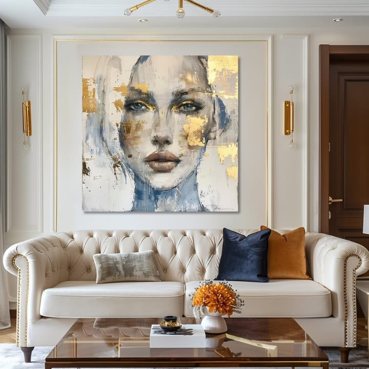 Art deko slika na platnu s motivom žena, lice, ljudi u belo-bežih nijansama, eterična atmosfera, elegancija, pogodan za dnevnog boravka | Elegantan slika žene Prenikavý pogled – proizvod