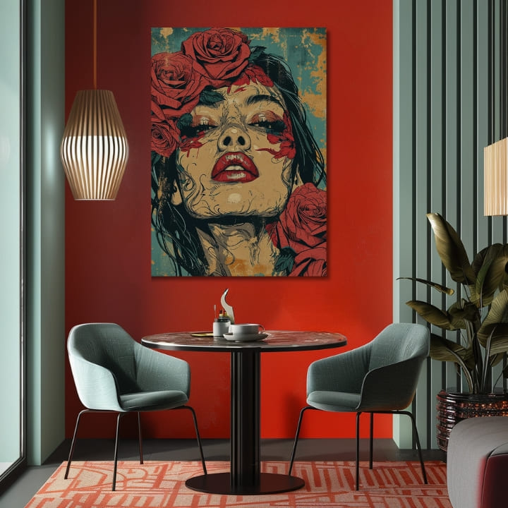 Geometrijski slika na platnu s motivom žena, ruže, lice, cveće, religiozni motiv u plavo-zelenih nijansama, melanholična atmosfera | Elegantan slika žene Vášeň – proizvod, pogled 2