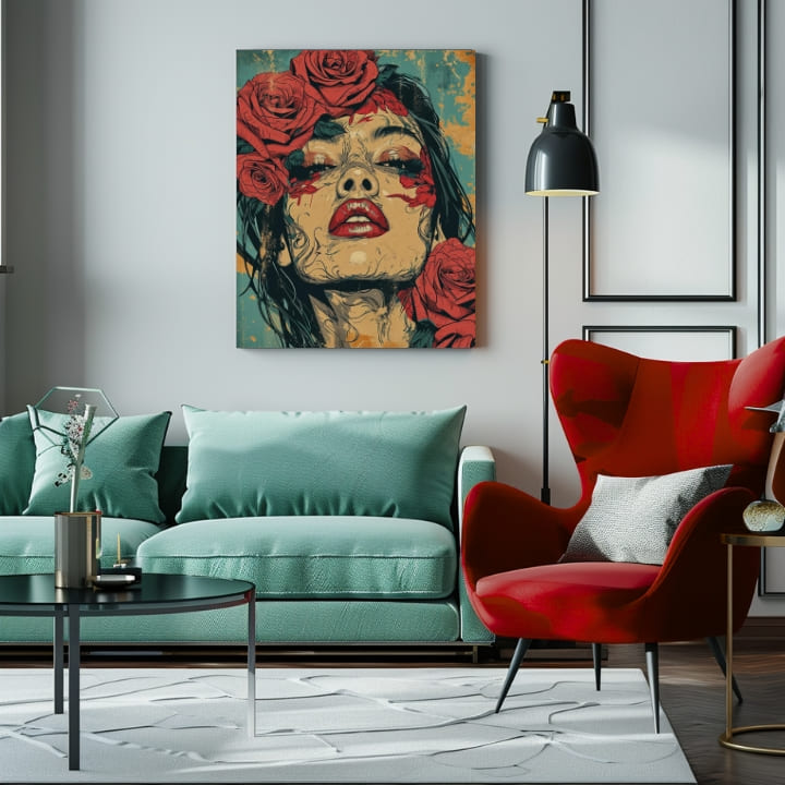 Geometrijski slika na platnu s motivom žena, ruže, lice, cveće, religiozni motiv u plavo-zelenih nijansama, melanholična atmosfera | Elegantan slika žene Vášeň – proizvod