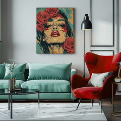 Geometrijski slika na platnu s motivom žena, ruže, lice, cveće, religiozni motiv u plavo-zelenih nijansama, melanholična atmosfera | Elegantan slika žene Vášeň – proizvod