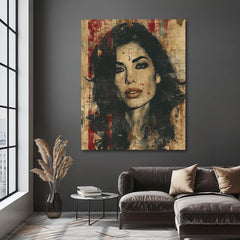 Moderan slika na platnu s motivom Amy Winehouse - Hlboký pogled duše u bež-crnih nijansama, drska atmosfera, lepota | Slika Amy Winehouse - Hlboký pogled duše – proizvod, pogled 2