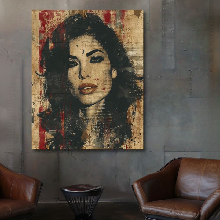 Moderan slika na platnu s motivom Amy Winehouse - Hlboký pogled duše u bež-crnih nijansama, drska atmosfera, lepota | Slika Amy Winehouse - Hlboký pogled duše – proizvod