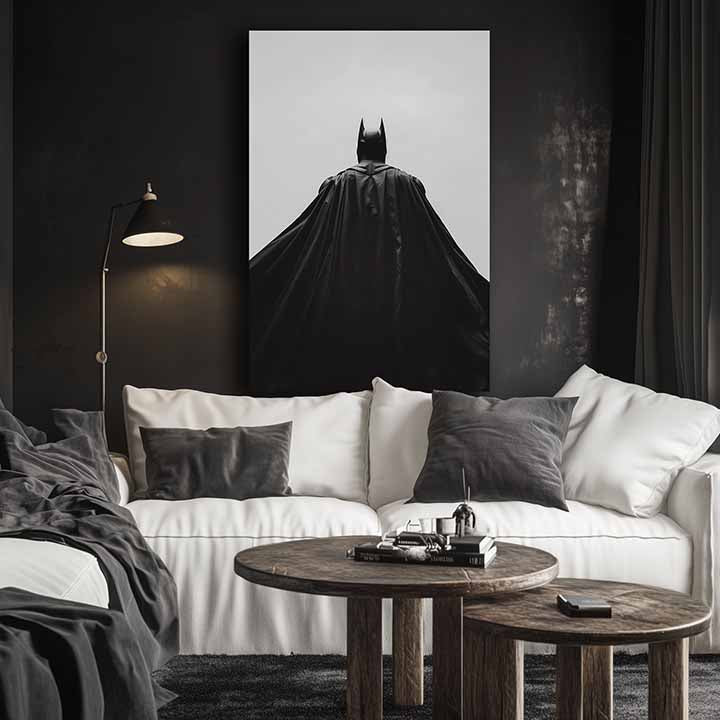 Moderan slika na platnu s motivom Batman: Strážca noci u crno-belih nijansama, dramatična atmosfera, samoća i snaga i moć | Slika Batman: Strážca noci – proizvod