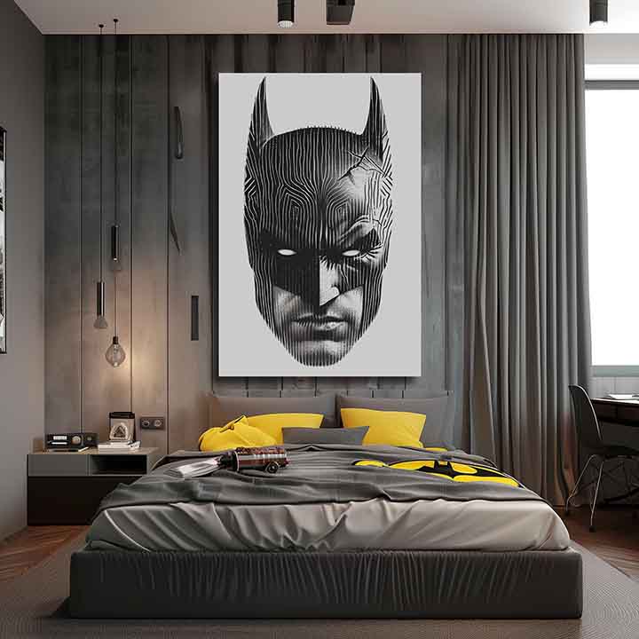Moderan slika na platnu s motivom Batman: Hlava spravodlivosti, maska u crno-belih nijansama, intenzivna atmosfera | Slika Batman: Hlava spravodlivosti – proizvod