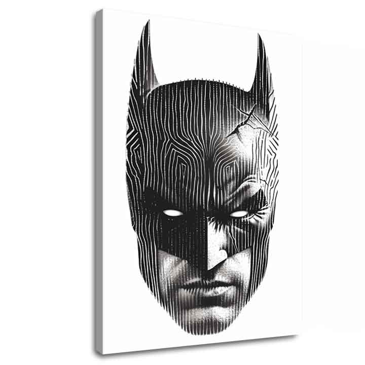 Moderan slika na platnu s motivom Batman: Hlava spravodlivosti, maska u crno-belih nijansama, intenzivna atmosfera | Slika Batman: Hlava spravodlivosti – glavna