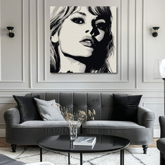 Moderan slika na platnu s motivom Brigitte Bardot - Elegancija 60. rokov, kosa u belo-crnih nijansama, dramatična atmosfera | Slika Brigitte Bardot - Elegancija 60. rokov – proizvod