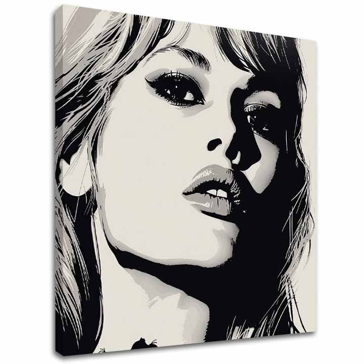 Moderan slika na platnu s motivom Brigitte Bardot - Elegancija 60. rokov, kosa u belo-crnih nijansama, dramatična atmosfera | Slika Brigitte Bardot - Elegancija 60. rokov – glavna