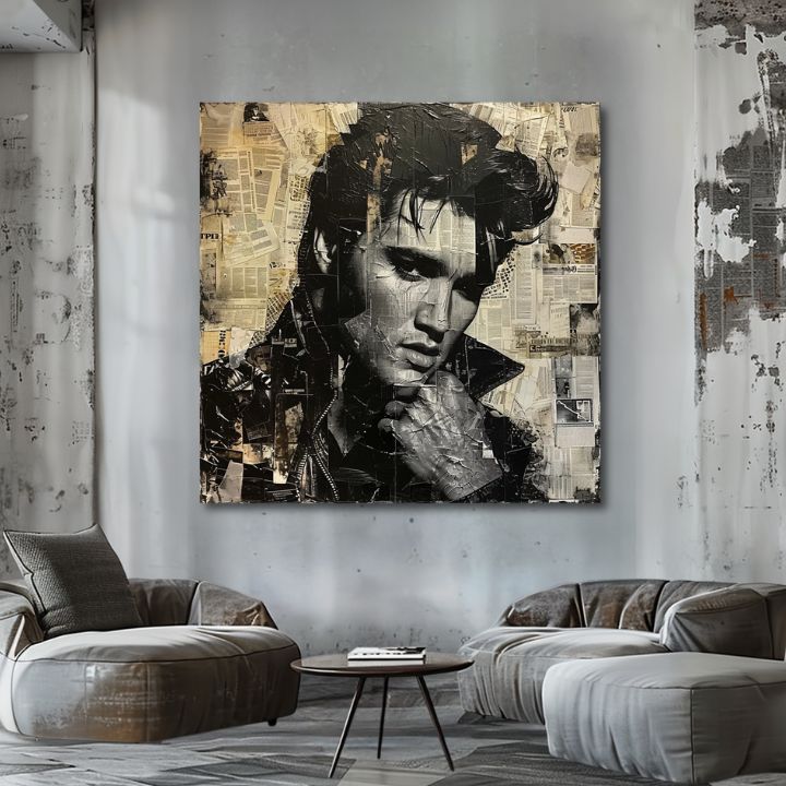 Moderan slika na platnu s motivom Elvis Presley - Rockový génius u crno-belih nijansama, nostalgična atmosfera, muzička istorija i slava – proizvod