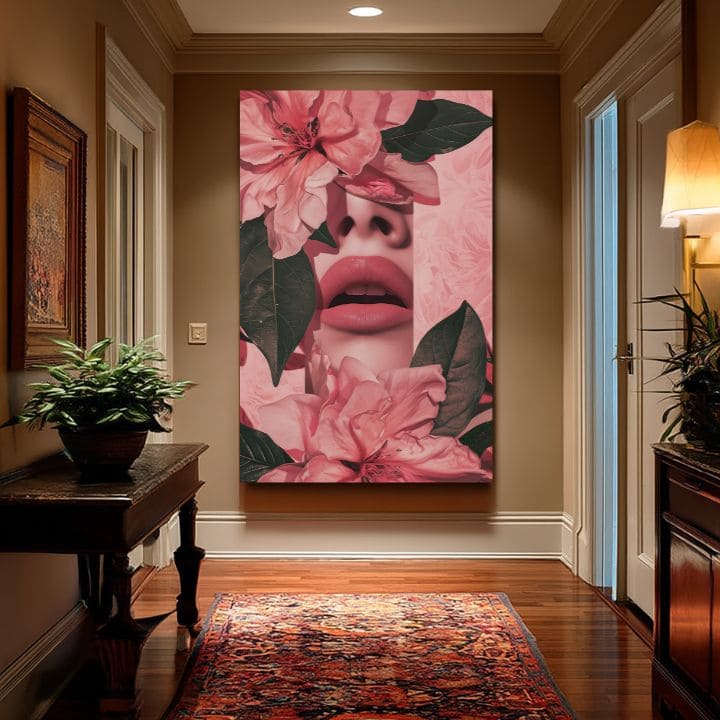 Moderan slika na platnu s motivom Floral Lips u ružičasto-zelenih nijansama, romantična atmosfera, priroda i lepota | Slika Floral Lips – proizvod, pogled 2