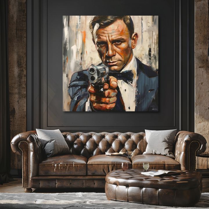 Moderan slika na platnu s motivom James Bond - Nebezpečná elegancija u narandžastih nijansama, intenzivna atmosfera, filmski svet | Slika James Bond - Nebezpečná elegancija – proizvod, pogled 2