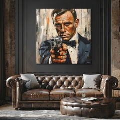 Moderan slika na platnu s motivom James Bond - Nebezpečná elegancija u narandžastih nijansama, intenzivna atmosfera, filmski svet | Slika James Bond - Nebezpečná elegancija – proizvod, pogled 2