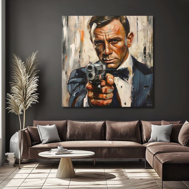 Moderan slika na platnu s motivom James Bond - Nebezpečná elegancija u narandžastih nijansama, intenzivna atmosfera, filmski svet | Slika James Bond - Nebezpečná elegancija – proizvod