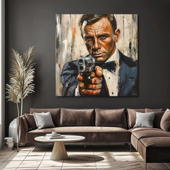 Moderan slika na platnu s motivom James Bond - Nebezpečná elegancija u narandžastih nijansama, intenzivna atmosfera, filmski svet | Slika James Bond - Nebezpečná elegancija – proizvod