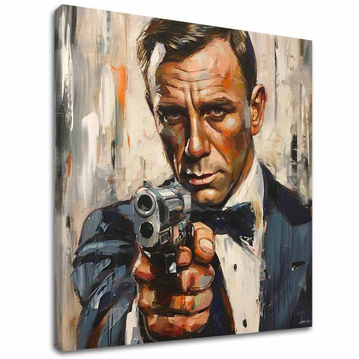 Moderan slika na platnu s motivom James Bond - Nebezpečná elegancija u narandžastih nijansama, intenzivna atmosfera, filmski svet | Slika James Bond - Nebezpečná elegancija – glavna