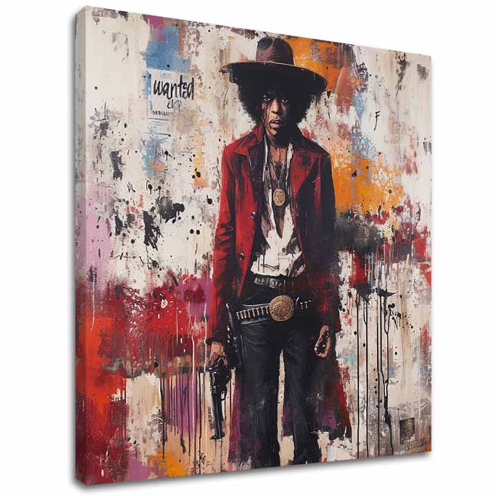 Moderan slika na platnu s motivom Jimi Hendrix - Divoký západ v akryle u belo-crvenih nijansama, drska atmosfera, rock and roll i muzička istorija – glavna