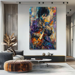 Moderan slika na platnu s motivom Jimi Hendrix - Gitara v plameňoch u ljubičasto-belih nijansama, energična atmosfera, kreativnost | Slika Jimi Hendrix - Gitara v plameňoch – proizvod, pogled 2