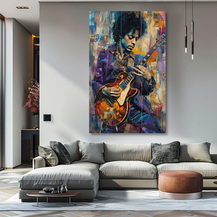 Moderan slika na platnu s motivom Jimi Hendrix - Gitara v plameňoch u ljubičasto-belih nijansama, energična atmosfera, kreativnost | Slika Jimi Hendrix - Gitara v plameňoch – proizvod