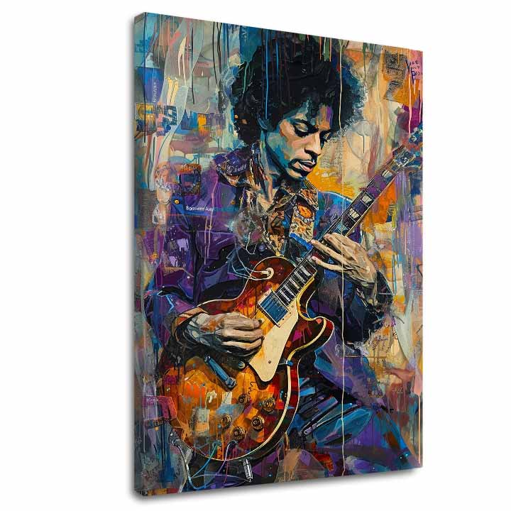 Moderan slika na platnu s motivom Jimi Hendrix - Gitara v plameňoch u ljubičasto-belih nijansama, energična atmosfera, kreativnost | Slika Jimi Hendrix - Gitara v plameňoch – glavna