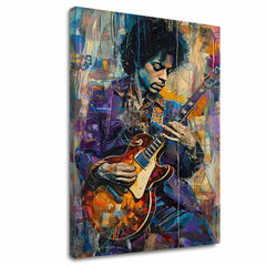 Moderan slika na platnu s motivom Jimi Hendrix - Gitara v plameňoch u ljubičasto-belih nijansama, energična atmosfera, kreativnost | Slika Jimi Hendrix - Gitara v plameňoch – glavna