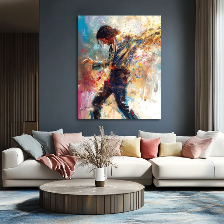 Moderan slika na platnu s motivom Michael Jackson - Tanečná energija, plesačica u belo-plavih nijansama, energična atmosfera | Slika Michael Jackson - Tanečná energija – proizvod
