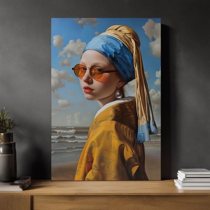 Moderan slika na platnu s motivom Sea Pearl, plaža, okean, nebo u plavo-žutih nijansama, razigrana atmosfera, pop kultura | Slika Sea Pearl – proizvod, pogled 3